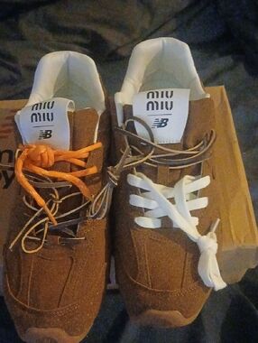 Miu Miu Brown Suede Men's Sneakers with Orange, White & Tan Lace Options